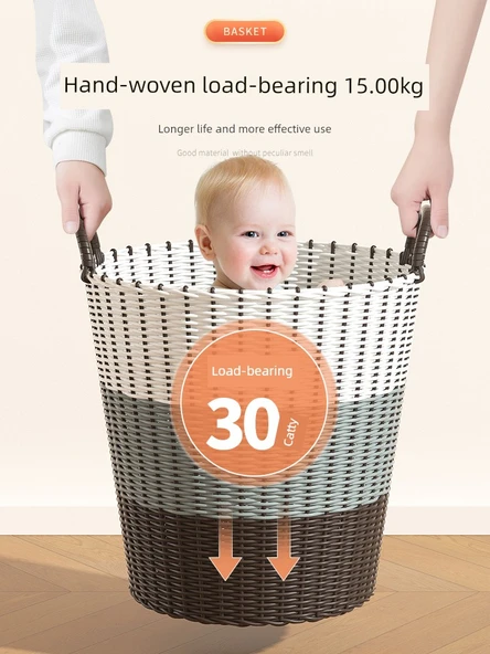 Rattan Çamaşır Sepeti Büyük Boy 42cm - Huş Sarısı (3 Kişilik) - Resim 4