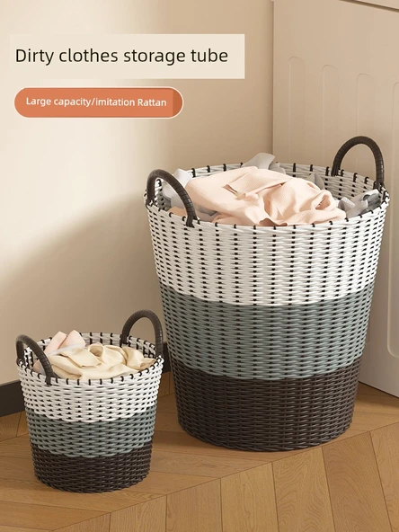 Rattan Çamaşır Sepeti Büyük Boy 42cm - Huş Sarısı (3 Kişilik) - Resim 2