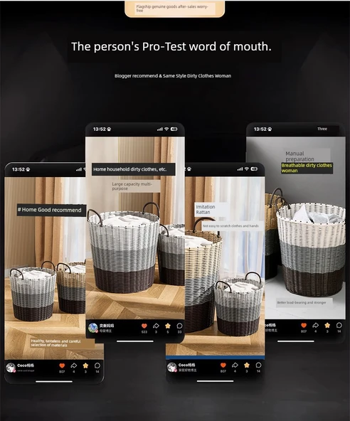 Rattan Çamaşır Sepeti Büyük Boy 42cm - Huş Sarısı (3 Kişilik) - Resim 8