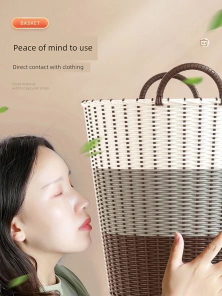 Rattan Çamaşır Sepeti Büyük Boy 42cm - Huş Sarısı (3 Kişilik) - Resim 3