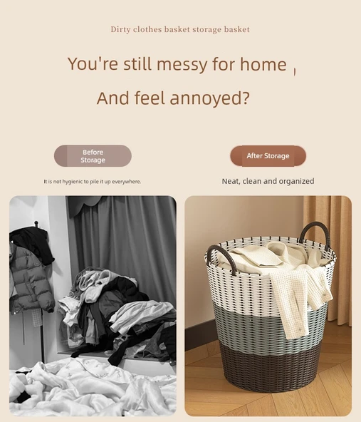 Rattan Çamaşır Sepeti Büyük Boy 42cm - Huş Sarısı (3 Kişilik) - Resim 10