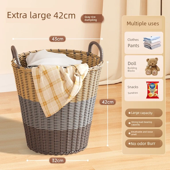Nordik Stil Plastik Çamaşır Sepeti - Ekstra Büyük 42cm - Gri Kahverengi Bej (3 Kişilik)