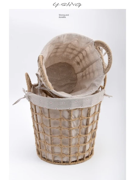 Japon Tarzı Hasır Saklama Sepeti - Küçük Boy Yuvarlak Haki - Resim 4