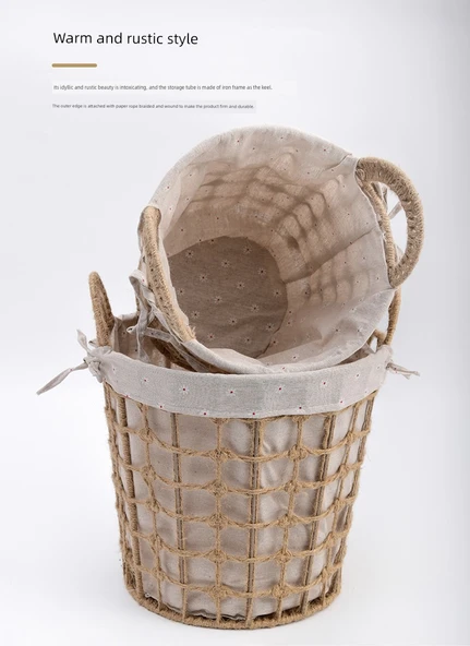 Japon Tarzı Hasır Saklama Sepeti - Küçük Boy Yuvarlak Haki - Resim 10