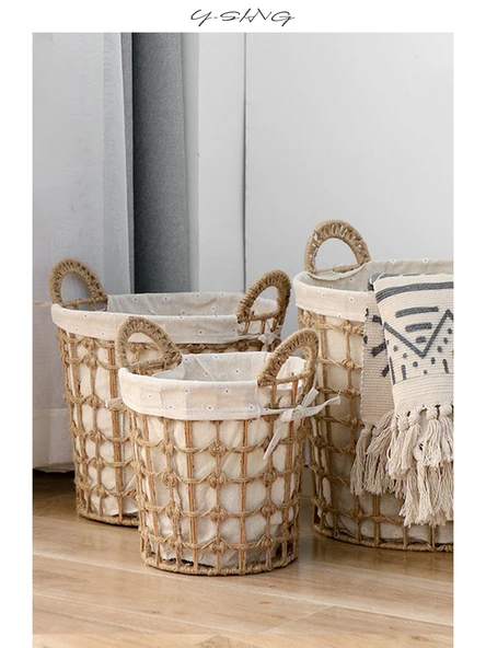 Japon Tarzı Hasır Saklama Sepeti - Küçük Boy Yuvarlak Haki - Resim 2