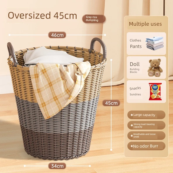 Nordik Stil Plastik Çamaşır Sepeti - Süper Büyük 45cm - Gri Kahverengi Bej (3-4 Kişilik)