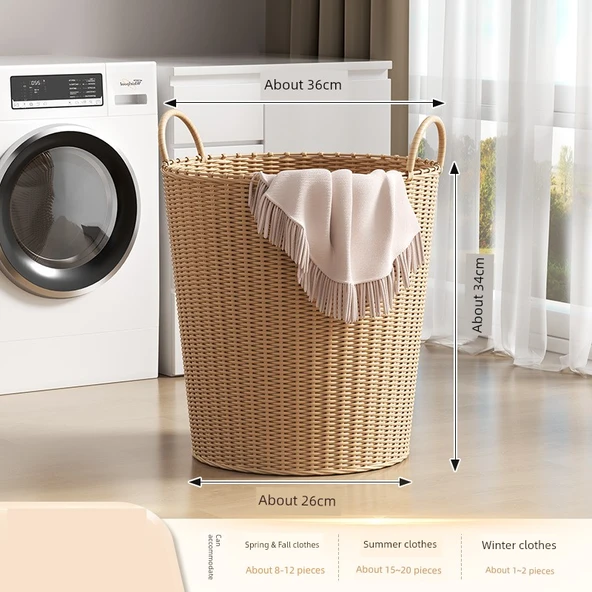 Rattan Desenli Çamaşır Sepeti - Orta Boy 34cm - Bej