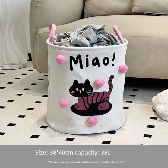Katlanabilir Çamaşır Sepeti İskandinav Tarzı - Pembe Kedi Miao