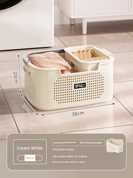 Banyo Tuvalet Kirli Çamaşır Sepeti - Krem Beyaz - İkili Set (Orta + İç Çamaşır Sepeti)