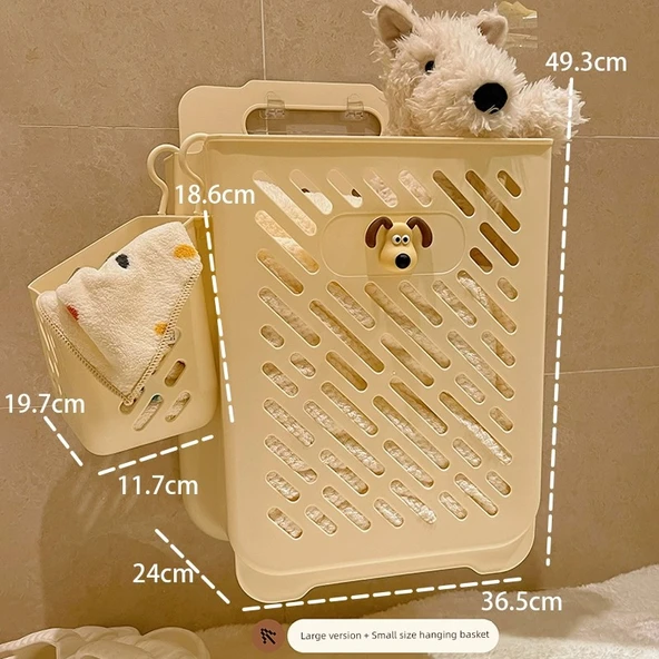 Katlanabilir Duvara Asılı Çamaşır Sepeti - Krem Renk + Köpek Kafası Çıkartmalı (Büyük + Küçük Boy)