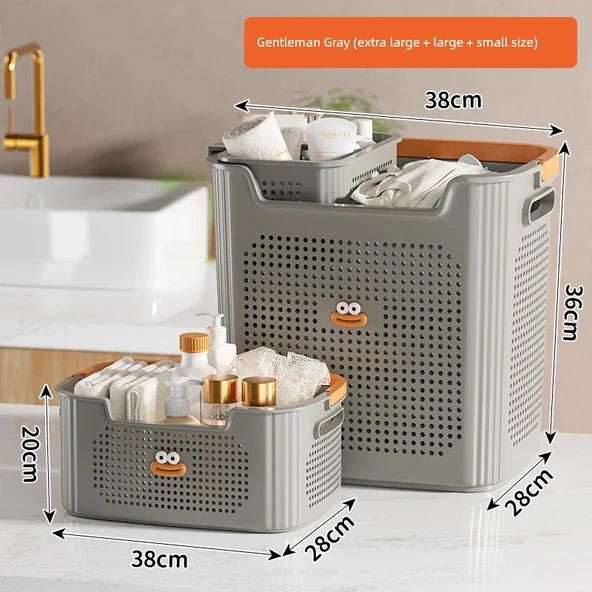 Banyo Çamaşır Sepeti - Gri Üçlü Set [Ekstra Büyük + Büyük + Küçük Boy]