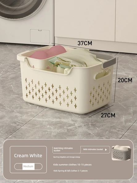 Banyo Kirli Çamaşır Sepeti - Krem Beyazı - İki Parça (Orta + İç Çamaşırı Sepeti)