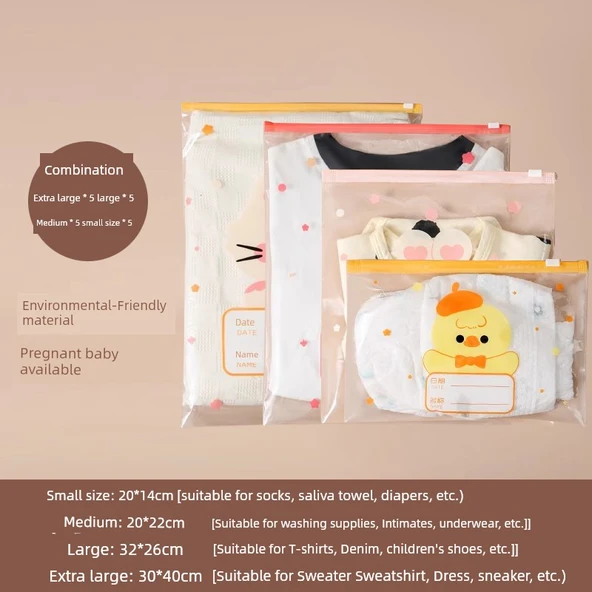 Çocuk Giysi Saklama Torbası 20'li Set [5 Küçük + 5 Orta + 5 Büyük + 5 Ekstra Büyük] PE Toz Geçirmez Fermuarlı