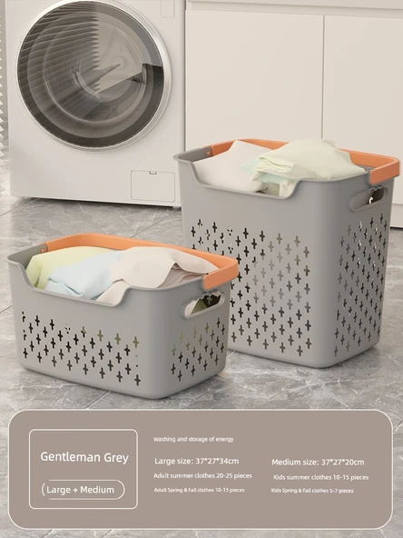 Banyo Kirli Çamaşır Sepeti - Gri - İki Parça (Büyük + Orta)