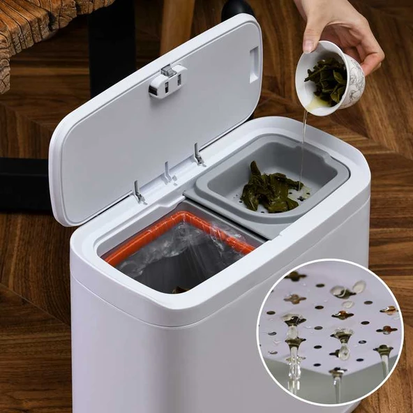 Çay Kovası 12L Beyaz Tek Tuş Elastik Kapaklı Kuru Islak Ayrıştırmalı 2 Rulo Çöp Torbası