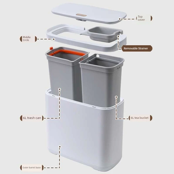 Çay Kovası 12L Beyaz Tek Tuş Yaylı Kapaklı Kuru Islak Ayrıştırmalı Boru Bilye Dirsek - Resim 5