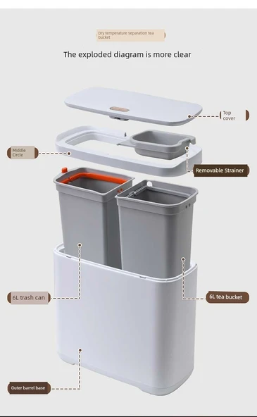 Çay Kovası 12L Beyaz Tek Tuş Yaylı Kapaklı Kuru Islak Ayrıştırmalı Boru Bilye Dirsek - Resim 9