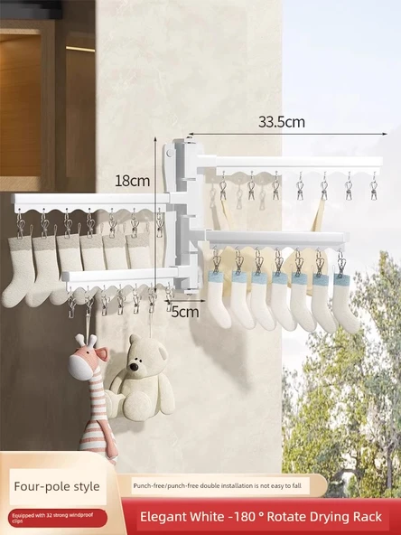 Balkon Katlanabilir Duvara Asılı Çorap Kurutma Askısı - 4 Çubuklu 28 Klipsli Sola Sağa Döner - Beyaz