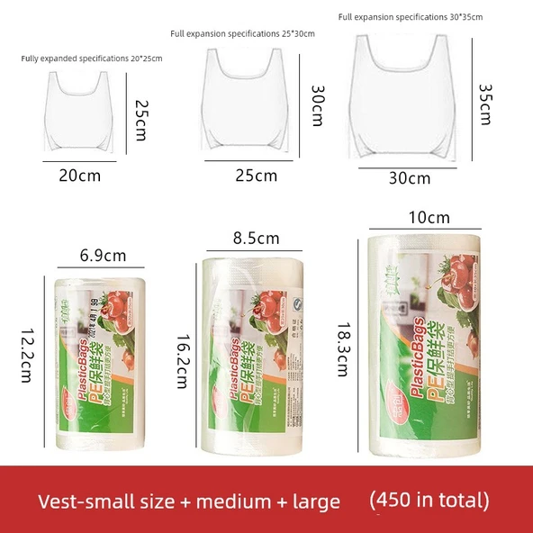 PE Elbise Askılıklı Taze Saklama Torbası - Küçük + Orta + Büyük (Toplam 450 Adet)