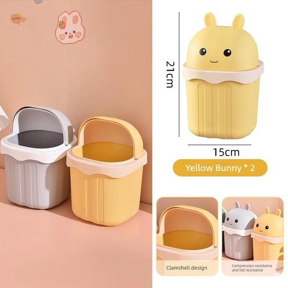 Mini Masaüstü Çöp Kovası - Kapaklı - Sarı Tavşan (2'li) - Kalınlaştırılmış, Basınca ve Düşmeye Dayanıklı