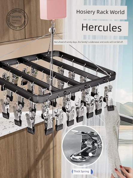 Ayarlanabilir Balkon Tipi Alüminyum Çamaşır Kurutma Askısı - [Kaldırılabilir] 26 Klipsli - Gümüş - Resim 5