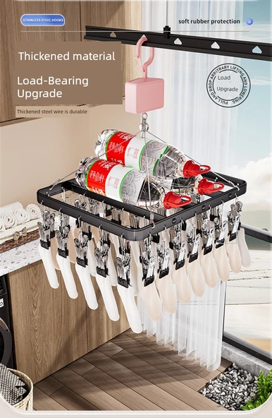 Ayarlanabilir Balkon Tipi Alüminyum Çamaşır Kurutma Askısı - [Kaldırılabilir] 26 Klipsli - Gümüş - Resim 10