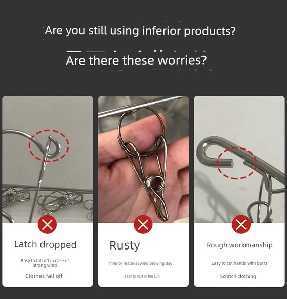 304 Paslanmaz Çelik Mandallı Çamaşır Kurutma Askısı - 10 Mandallı Yay Model (2'li Paket) - Resim 7