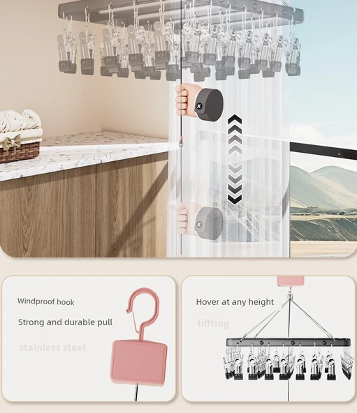 Ayarlanabilir Balkon Tipi Alüminyum Çamaşır Kurutma Askısı - [Kaldırılabilir] 26 Klipsli - Gümüş - Resim 12