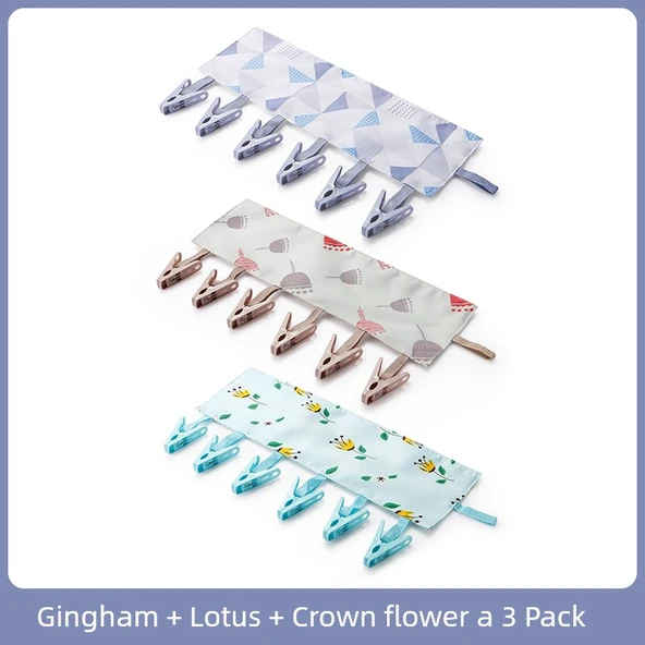 Portatif Kumaş Cırt Cırtlı Havlu Klipsi - Kareli + Lotus Çiçekli + Taç Çiçekli - 3 Adet