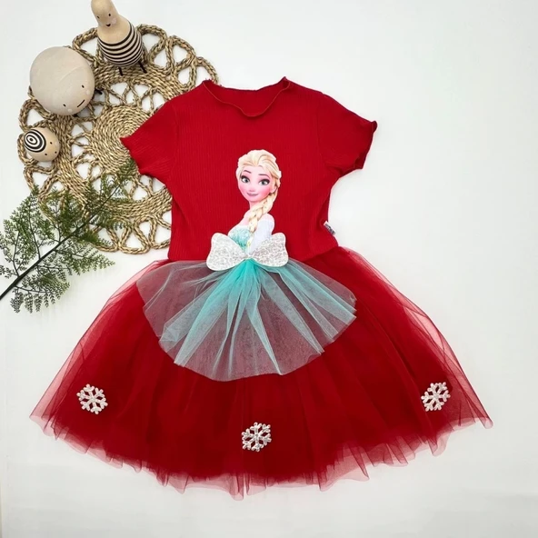 5-6-7 Yaş Elsa Desenli Fiyonklu Tül Etekli Astarlı Kısa Kollu Kız Çocuk Tütü Elbise Kırmızı