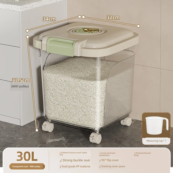 Pirinç Kovası - Şeffaf 15kg - Ölçü Kabı ve Tekerlekli