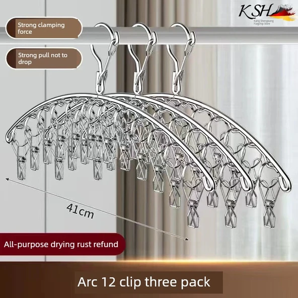 Rüzgar Geçirmez Paslanmaz Çelik Çoklu Mandal Kurutma Askısı - 12 Mandal - 3'lü Paket
