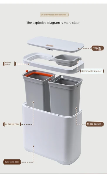 Çift Bölmeli Çay Kovası - Çöp Kovası + 5 Rulo Çöp Torbası - Resim 9