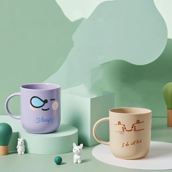 Çizgi Film Desenli Plastik Diş Macunu Gargara Bardağı - Sarı ve Mor 2'li Set