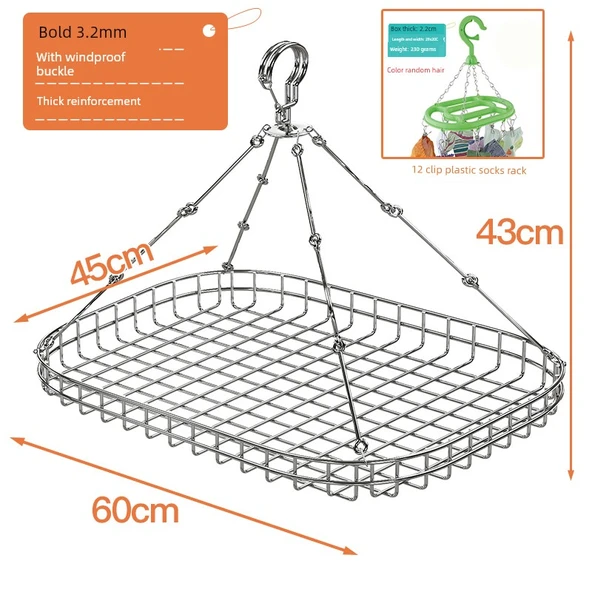 Paslanmaz Çelik Asılı Çamaşır Kurutma Filesi - Tek Katlı Oval 60*45 + 12 Klipsli Plastik Çorap