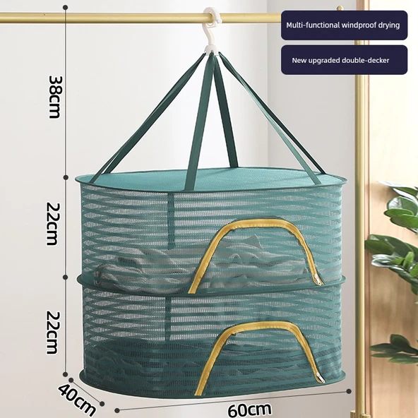 Polyester Çamaşır Kurutma Filesi - Lüks Yeşil Çift Katmanlı Dikdörtgen Fermuarlı 40x60cm