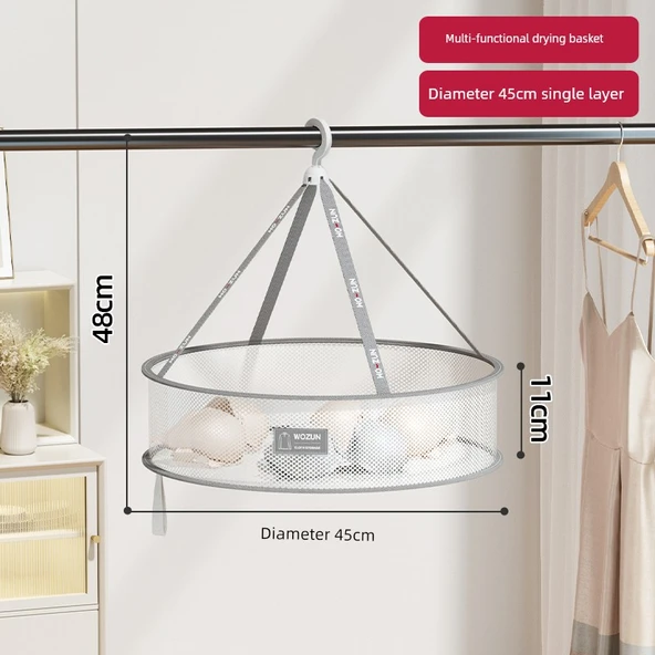 Çamaşır Kurutma Sepeti - 45CM - 1 Katlı - Çitli - Gri Kumaş Etiketli
