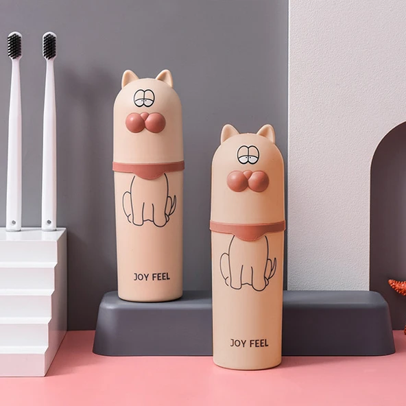 Sevimli Kedi Diş Fırçası Kabı - Pembe Kedi [2 Adet]