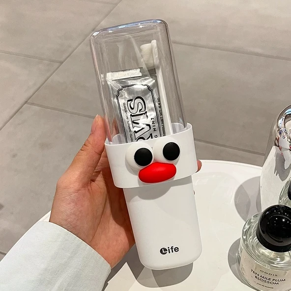 Seyahat Tipi Ağız Çalkalama Kabı - Krem Beyaz + Yama Desenli Çift Kullanımlı