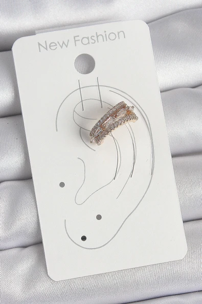 Pirinç Gold Renk Zirkon Taşlı 3'Lü Sıralı Model Kadın Kıkırdak Küpe - 2