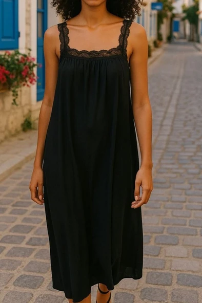 Lucky Life Kadın Dantel Askılı Kare Yakalı Uzun Viskon Elbise - Resim 7