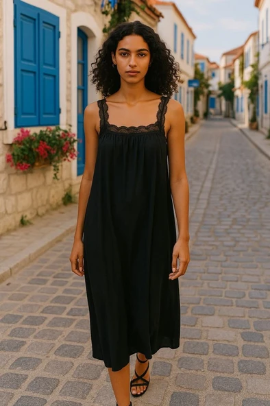 Lucky Life Kadın Dantel Askılı Kare Yakalı Uzun Viskon Elbise - Resim 2