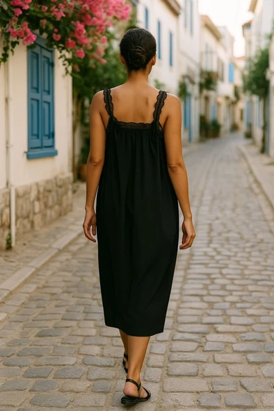 Lucky Life Kadın Dantel Askılı Kare Yakalı Uzun Viskon Elbise ürün görseli 1