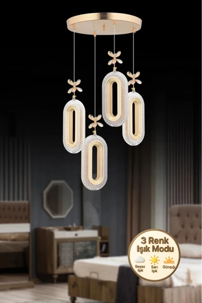 Nova Lighting Modern Ledli 4'lü Gold 3 Renk Kristal Taşlı Avize