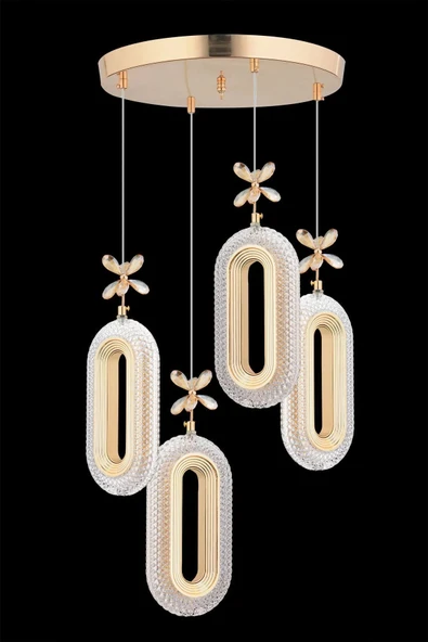 Roque Modern Ledli 4'lü Gold 3 Renk Kristal Taşlı Avize
