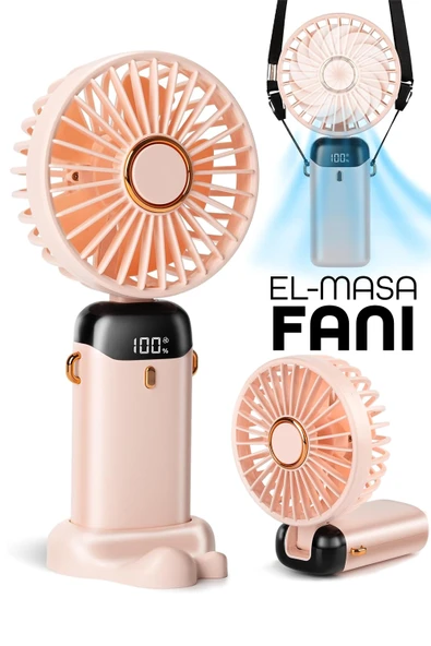 LCD Ekranlı Şarjlı El Fanı 5 Kademe Boyun Seyahat Masaüstü Vantilatör Taşınabilir Mini Fan Pembe N5