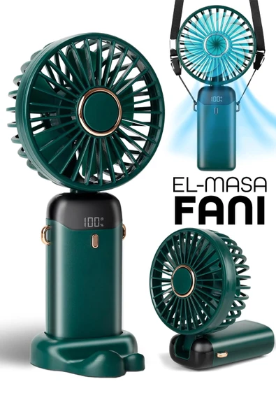 LCD Ekranlı Şarjlı El Fanı 5 Kademe Boyun Seyahat Masaüstü Vantilatör Taşınabilir Mini Fan Yeşil N5