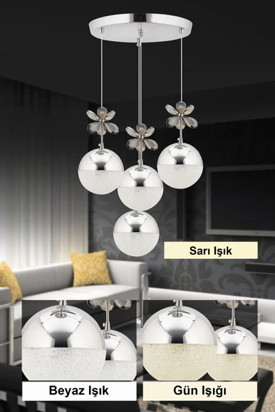 Roque Kelebek 4'lü Gümüş Sarkıt 3 Renk Kademeli Ledli Kristal Taşlı Modern Led Avize