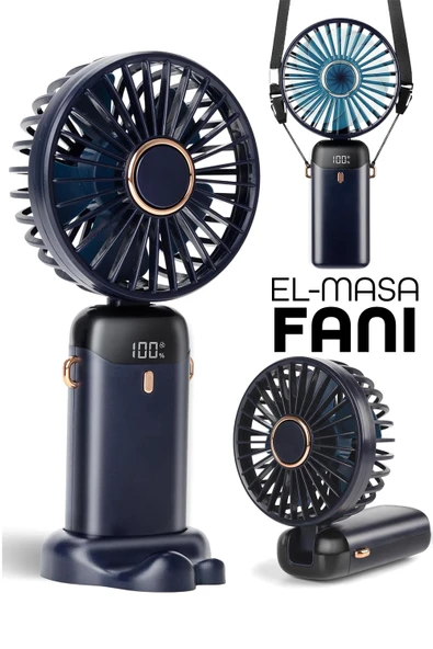 LCD Ekranlı Şarjlı El Fanı 5 Kademe Boyun Seyahat Masaüstü Vantilatör Taşınabilir Mini Fan Mor N5