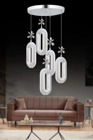 Roque Led Alfa 5'li Gümüş 3 Renk Ledli Kristal Taşlı Modern Led Avize